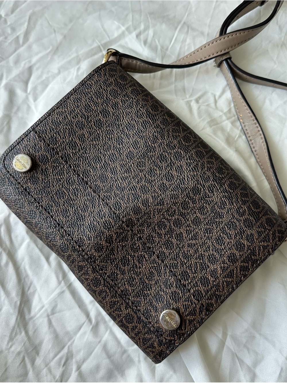Calvin Klein Brown Monogram Crossbody with Tan Strap